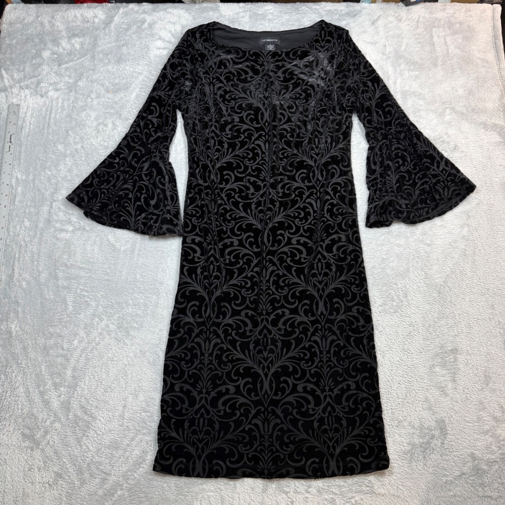 Liz Claiborne Bell Sleeve Dress Womens 8 Black Damask Velvet Sheath Y2K Goth